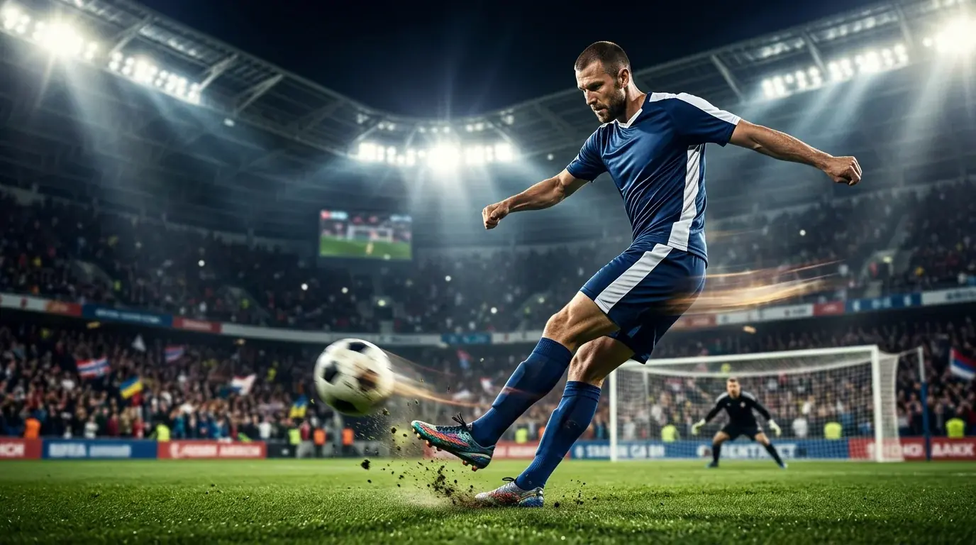 Framherji spyrnir bolta að marki í kvöldleik undir flóðljósum á HM 2026