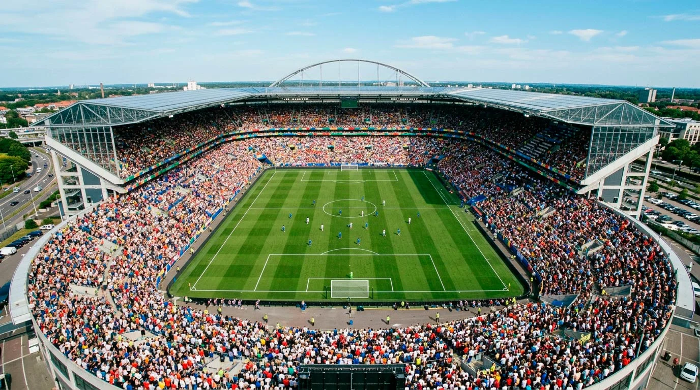 Stór fótboltavöllur þar sem lið mætast á alþjóðlegu fótboltamóti frammi fyrir fjölmennum áhorfendahópi