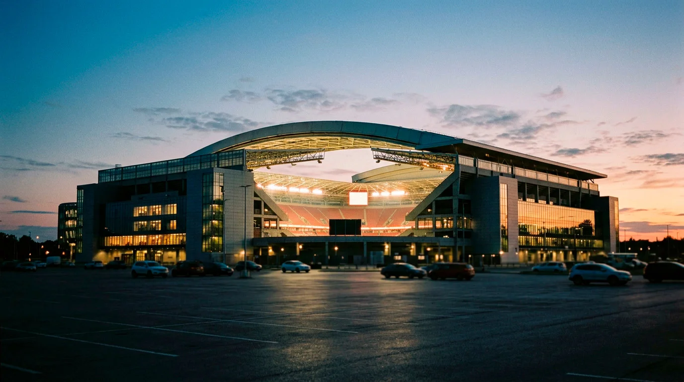 Nútímalegur fótboltavöllur í Bandaríkjunum tilbúinn fyrir heimsmeistarakeppnina - stórt opið leikvangshús