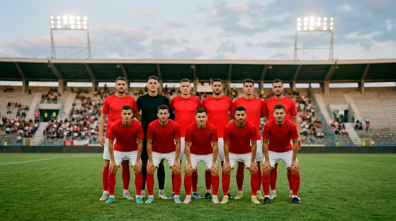 Norska fótboltalandsliðið stillir sér upp á velli fyrir undankeppnileik - leikmenn í rauðum búningum