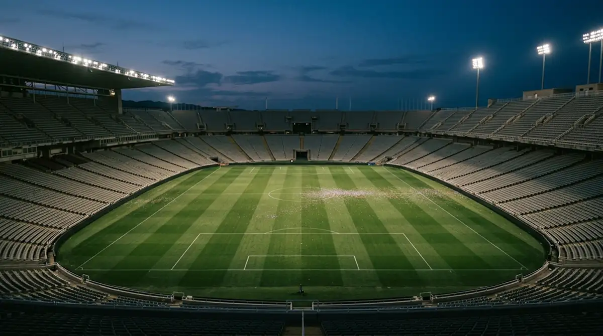 Tómur, upplýstur knattspyrnuvöllur að kvöldi eftir úrslitaleik HM 2026 á MetLife Stadium