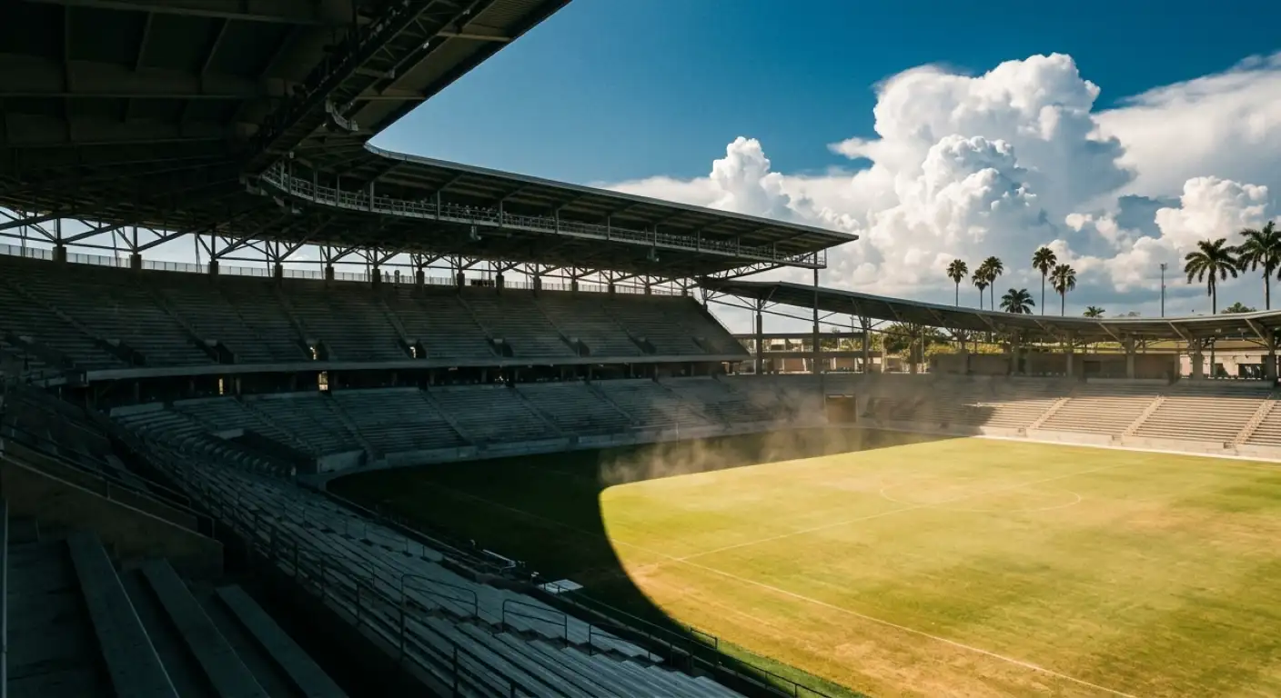 Hitinn á Hard Rock Stadium í Miami — opinn völlur í fullri sól síðdegis